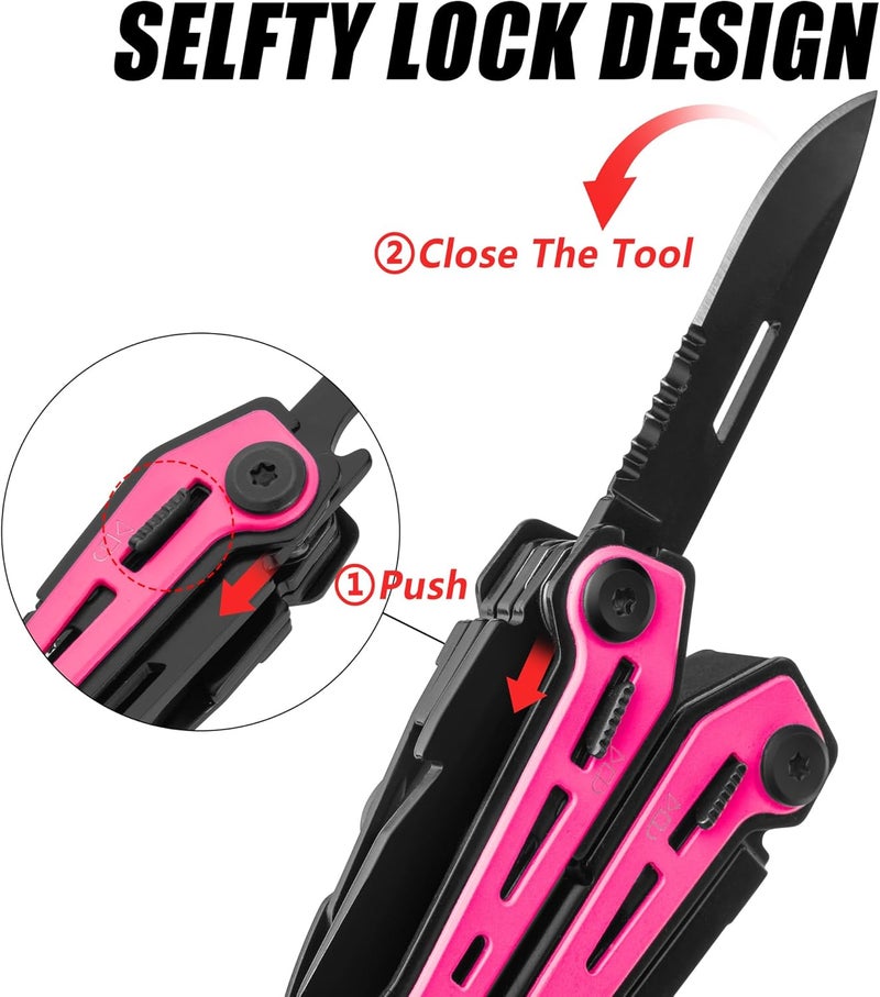 FLISSA 16-in-1 Pink Multi Tool Pliers, Gifts for Men, Stainless Steel EDC Multitool with Pocket Knife, Belt Clip and Oxford Pouch, for Camping Survival Outdoor Activities - Image 4